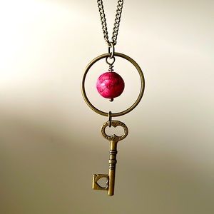 Pink Gemstone + Key Necklace
